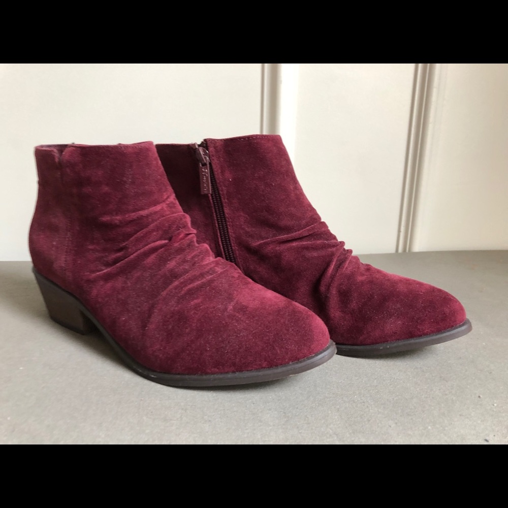 Burgundy suede booties with ruching detail